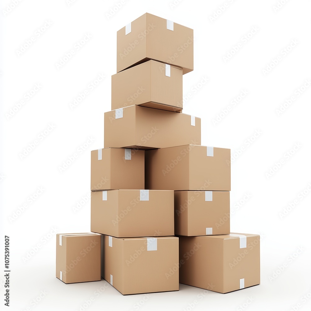 Poster stack of brown cardboard boxes arranged in a pyramid shape on a white background.
