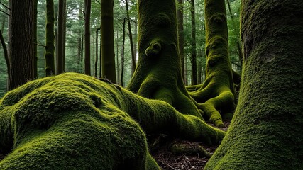 A thick layer of moss covering tree trunks in a lush forest, moss-covered trees, mossy terrain