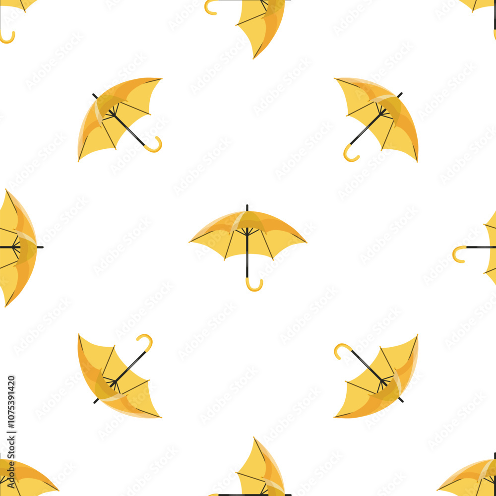 Poster repeating yellow umbrellas on a white background, creating a cheerful and weather ready pattern