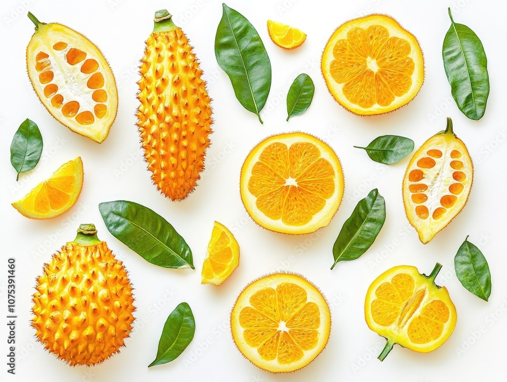 Poster kiwano fruit along with leaves and cut slices displayed on a white background file includes a clippi