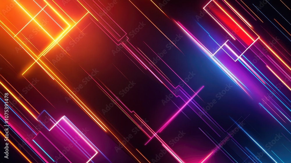 Poster abstract line art illustration featuring multiple neon lighting lines on a dark background created t