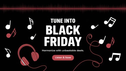 Modern Minimalist Black Friday Music Sale Banner Headphones Musical Notes - Eye-Catching Promotion Holiday Shopping Ecommerce Deals