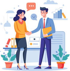 People shaking hands at work - Two businesspeople, man and woman doing handshake in office at work while smiling over business agreement and deal. Flat design stock illustration on white background