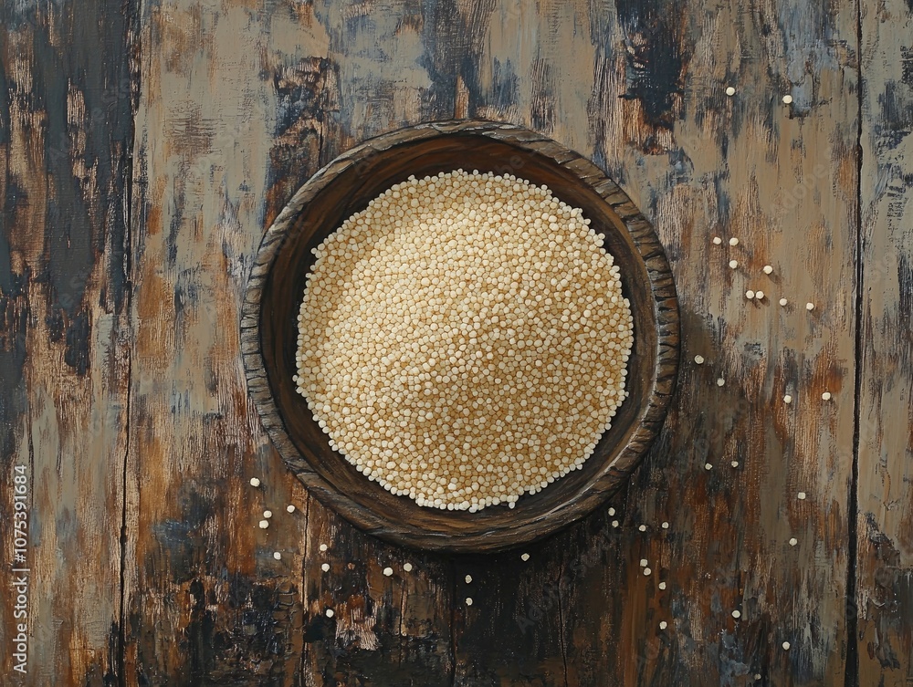 Poster top view of uncooked couscous in a bowl resting on a rustic wooden surface