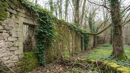 Distressed stone wall with overgrown moss and vines, outdoor setting, stone wall, rugged landscape