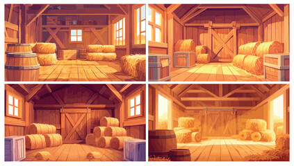 Hay barn interior. Cartoon village shed wooden with haystacks, agricultural farm house set vector illustration