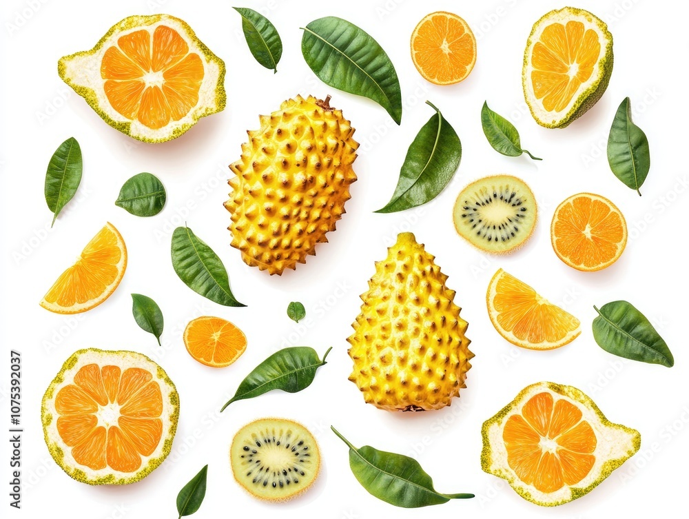 Poster kiwano fruit along with leaves and cut slices displayed on a white background file includes a clippi