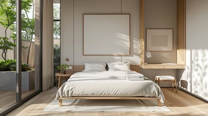 Beautiful Colored Mockup Bedroom Interior Blank Poster Decoration Art Background Image, generative AI