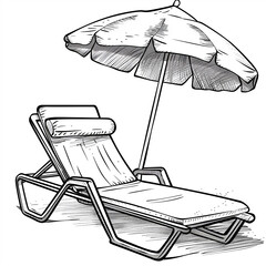 A black and white illustration of a lounge chair with a large umbrella overhead, perfect for relaxing on a hot day. Coloring book
