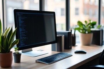 Modern Minimalist Workspace with Computer, Keyboard, and Plants - Productivity and Design Inspiration