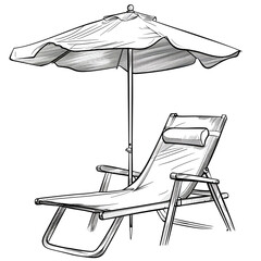 A simple, pencil-drawn image of a beach chair and umbrella, perfect for relaxing under the sun. Coloring book