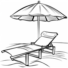 A beach chair with a pillow rests under a large umbrella, a perfect setup for relaxing on the sand. Coloring book