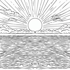 A simple line drawing depicts a sunrise over the ocean, with a large sun and fluffy clouds. Coloring book