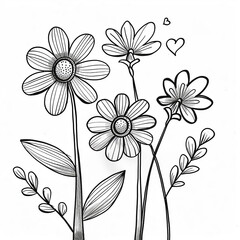 A hand-drawn illustration of a bouquet of four flowers, with two hearts floating above them. Coloring book