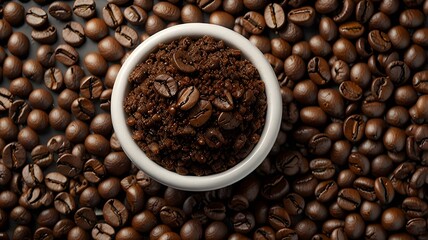 Fototapeta premium A steaming cup of rich, dark espresso rests on a bed of aromatic roasted coffee beans
