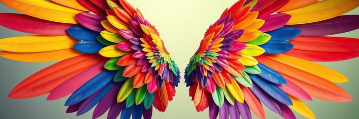 Obraz premium Colorful wings with rainbow hues spread wide, colorful textures, wing details, 3D rendered wings