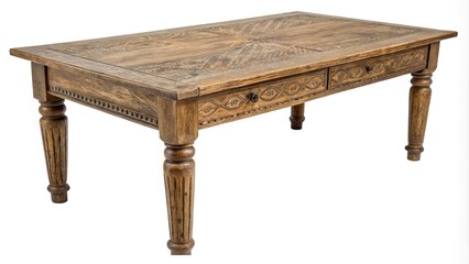 Distressed wooden table with intricate grain patterns, showcasing natural textures and earthy tones, cozy atmosphere, living room decor, natural materials, wooden design, wooden furniture