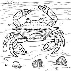 A cartoon crab with large eyes and a wide smile is on a beach. The crab is surrounded by shells and waves. Coloring book