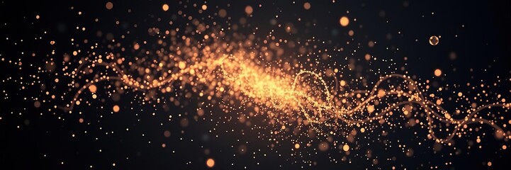 Highly luminous tiny particles suspended in space with intricate swirling patterns, astronomical phenomenon, quantum force, black gold particle background