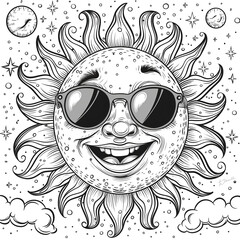 A black and white illustration of a smiling sun wearing sunglasses with a cloud and stars surrounding it. Coloring book
