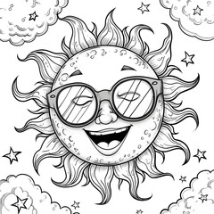 A smiling sun wearing sunglasses is surrounded by clouds and stars in this black and white illustration. Coloring book