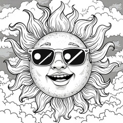 A smiling sun wearing sunglasses peeks out from behind fluffy clouds. Coloring book