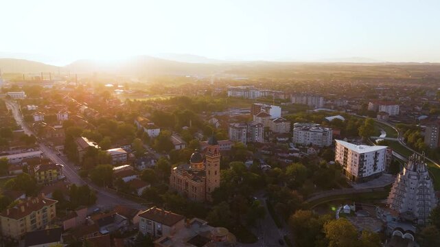 City of Paracin in central Serbia, aerial view. Top cinematic aerial view. 