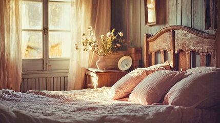 Soft focus view of a Provence style bedroom with distressed wood and gentle pink bedding at dusk