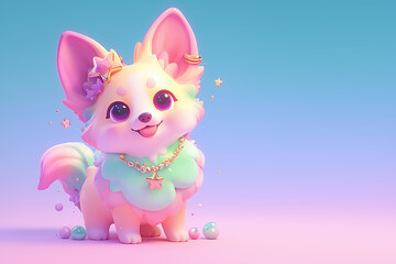 Fototapeta premium A cute cartoon dog with a pink collar and a star necklace. The dog is smiling and he is happy