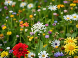 Fototapeta premium White hogweed in full bloom amidst a colorful meadow of diverse wildflowers, botanical garden, blooming plants