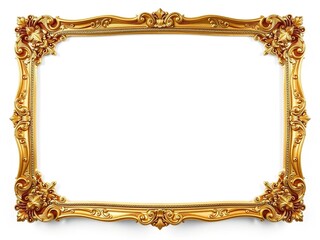 A delicate ornate gold picture frame with an empty space in the center, surrounded by intricate carvings and patterns on a smooth white background, picture frame, decorative, minimalist