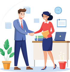 People shaking hands at work - Two businesspeople, man and woman doing handshake in office at work while smiling over business agreement and deal. Flat design stock illustration on white background