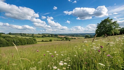 Fototapeta premium A picturesque meadow field in the English countryside with a clear blue sky and fluffy white clouds, serene countryside, blue sky, green fields, english countryside