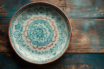 Hand-painted blue ceramic plate with floral vintage design