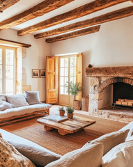Cozy Mediterranean-style living room featuring rustic furniture and a stone fireplace