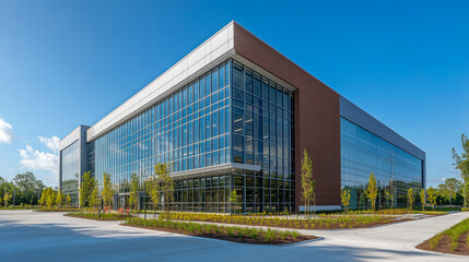 Obraz premium Modern office building with glass facade and landscaping on a sunny day