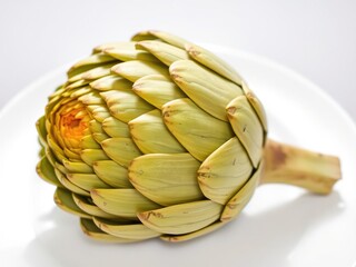 Obraz premium Artichoke with fleshy tips and prickly exterior on a white plate, vegetable, isolated, food