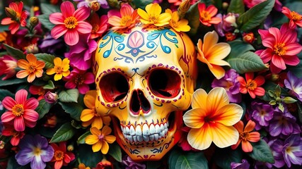 Brightly colored skull surrounded by flowers and leaves, Skull Art, Psychedelic Skulls, Nature Inspired Skulls