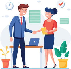 Fototapeta premium People shaking hands at work - Two businesspeople, man and woman doing handshake in office at work while smiling over business agreement and deal. Flat design stock illustration on white background