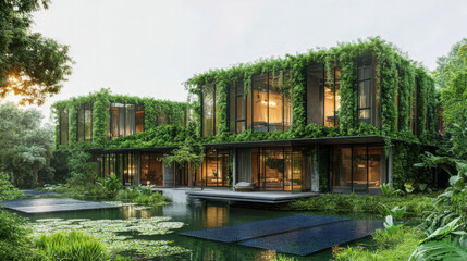Obraz premium Modern sustainable eco-friendly house with lush greenery and serene pond setting