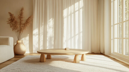Softly lit Scandinavian living room with a white wool rug and wooden coffee table in pastel tones