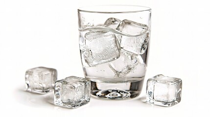 Refreshing Glass of Clear Water with Ice Cubes on a White Background, Perfectly Isolated for Use in Beverage and Summer-Themed Designs