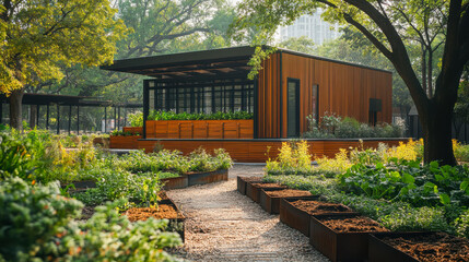 Modern sustainable garden in a lush urban park on a sunny day