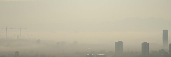 Obraz premium Misty morning veil shrouds a desolate cityscape, hazy, atmospheric