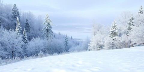 Fototapeta premium Snow-covered hillside with frosty trees and a frozen lake in the background, snow covered hills, winter landscape