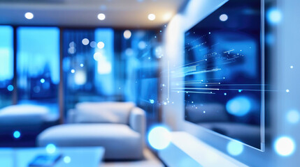 Softly blurred view of a modern living room featuring advanced technology and entertainment system
