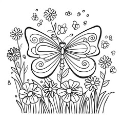 A detailed line drawing of a butterfly with intricate patterns on its wings, surrounded by blooming flowers. Coloring book