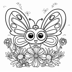 A cute, cartoon butterfly with large eyes is perched on a bed of flowers. Coloring book