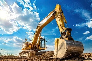 Yellow Excavator Digging in a Dirt Pile Against a Blue Sky