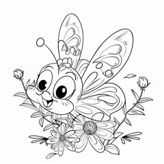 A cute cartoon butterfly with large eyes smiles as it perches on a flower, surrounded by other flowers and greenery. Coloring book